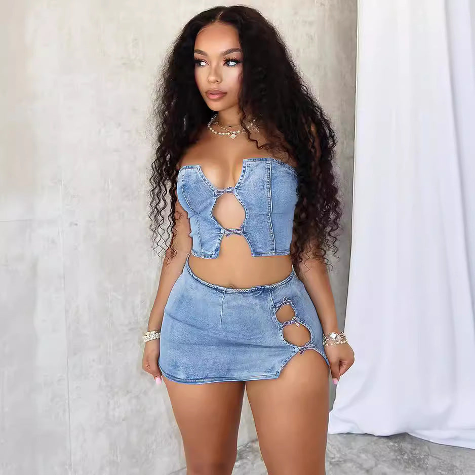 Get Away Denim Top & Low Rise Skirt SET