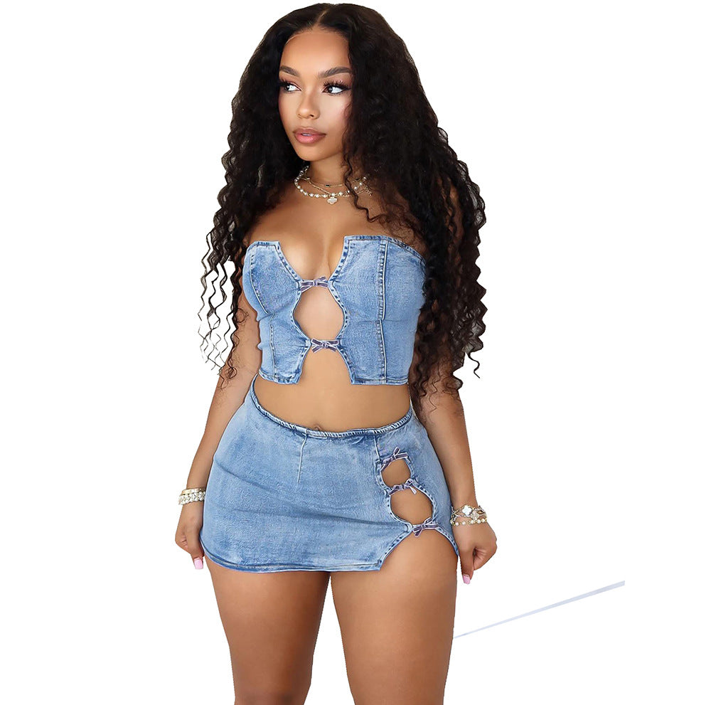 Get Away Denim Top & Low Rise Skirt SET