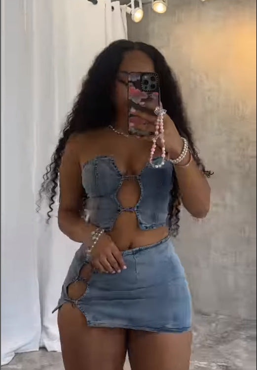 Get Away Denim Top & Low Rise Skirt SET