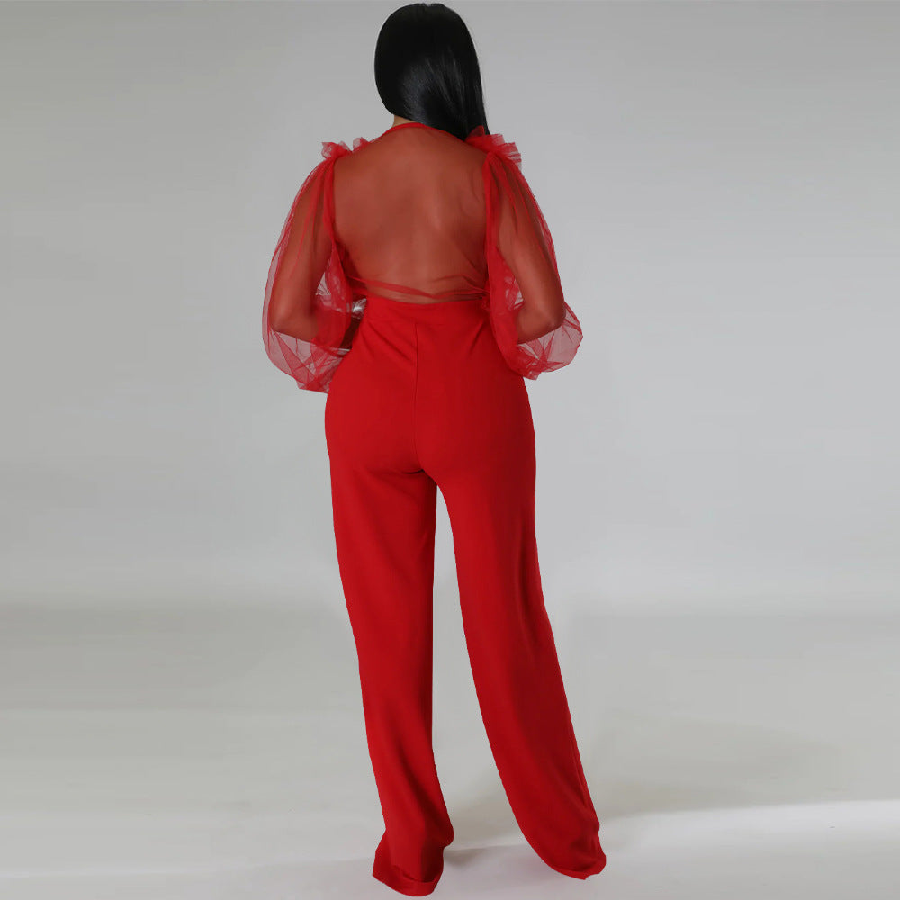 V-neck open back jumpsuit