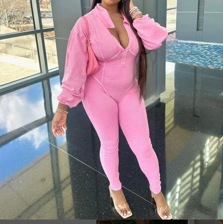 V-neck tight patchwork jumpsuit