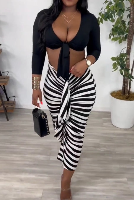 Long Sleeve Tie Cardigan Striped Ruffle Skirt Set