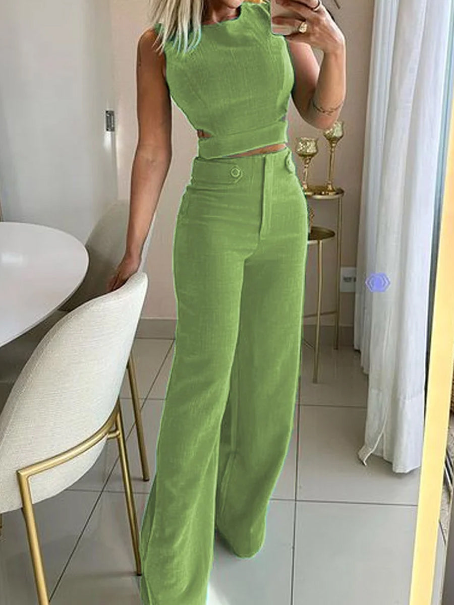 Solid Color Top & High Waist Pants Two-piece Set