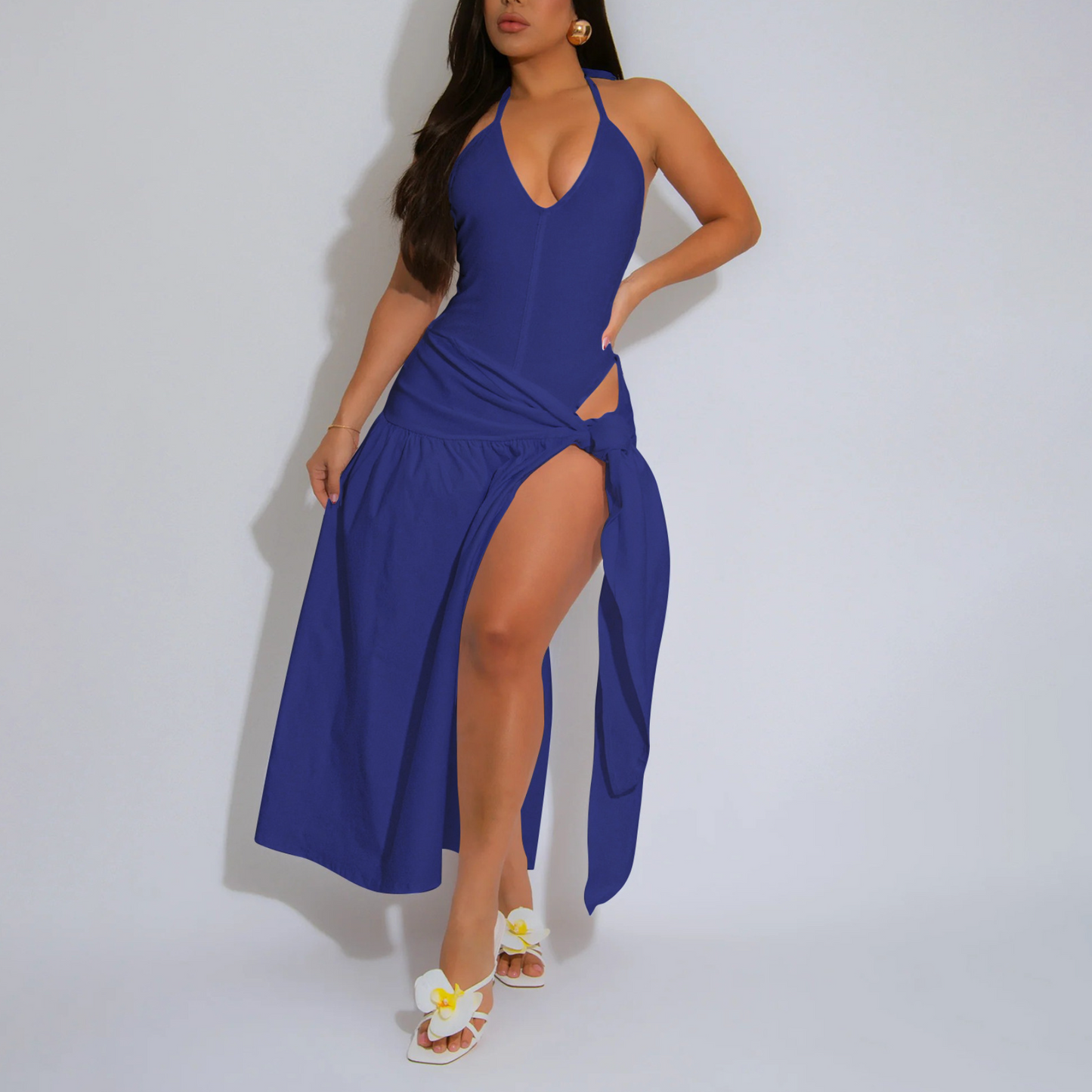 Solid color sexy slit skirt suit