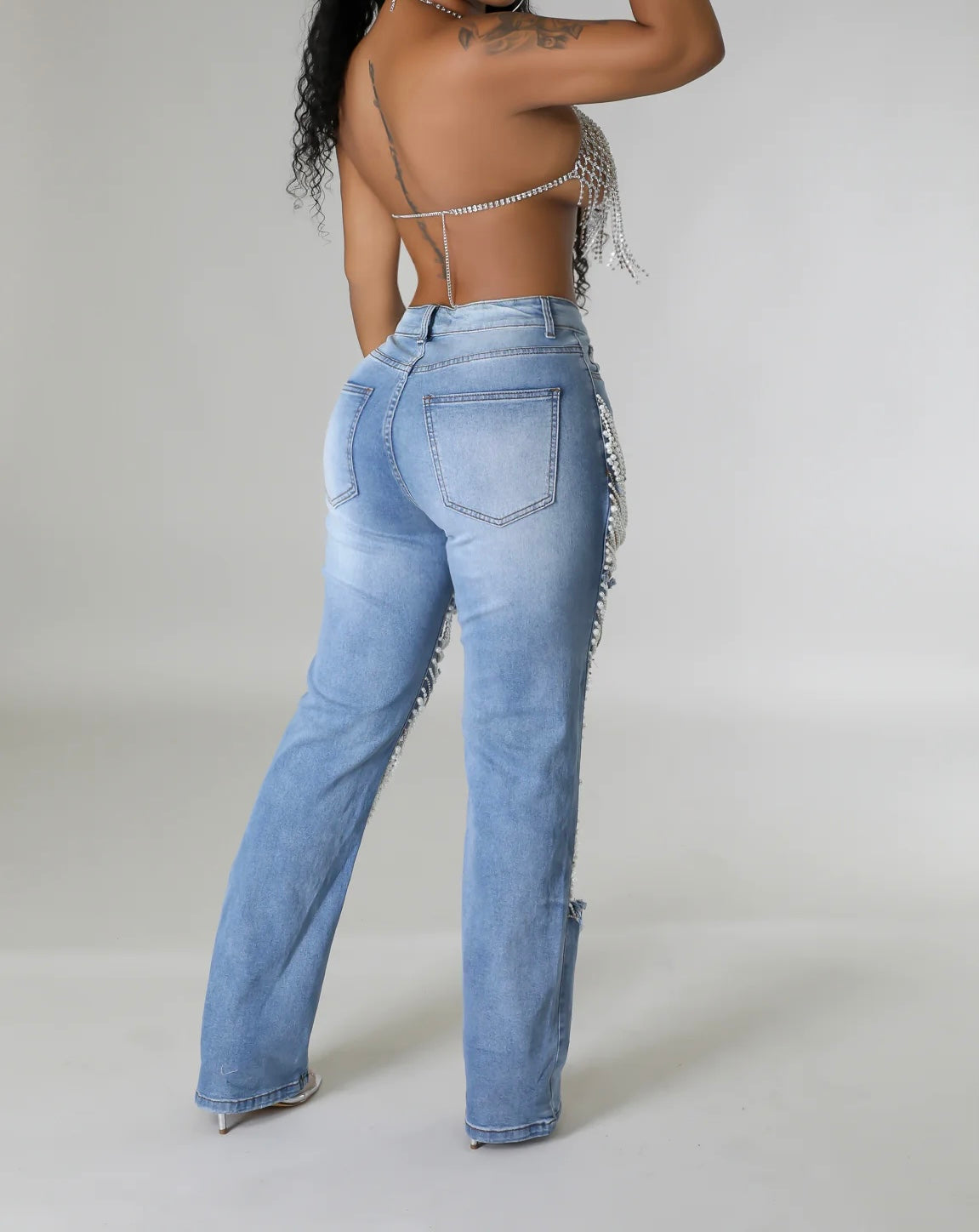 Plus Size Daily Jeans Casual Blue Pearls Denim Jeans