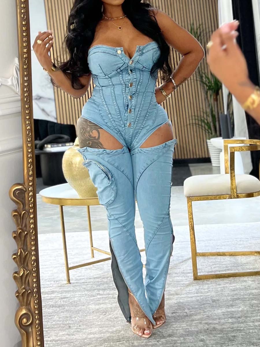 Denim Cutout Strapless Sexy Jumpsuit