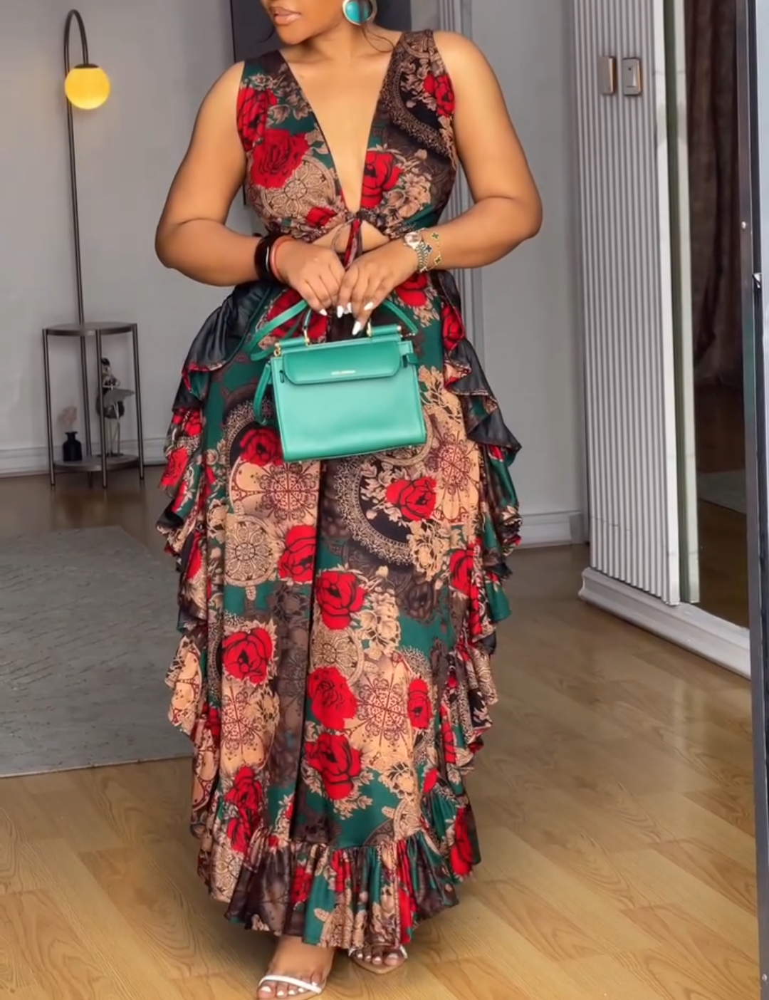 V-neck printed sleeveless ruffle dress
