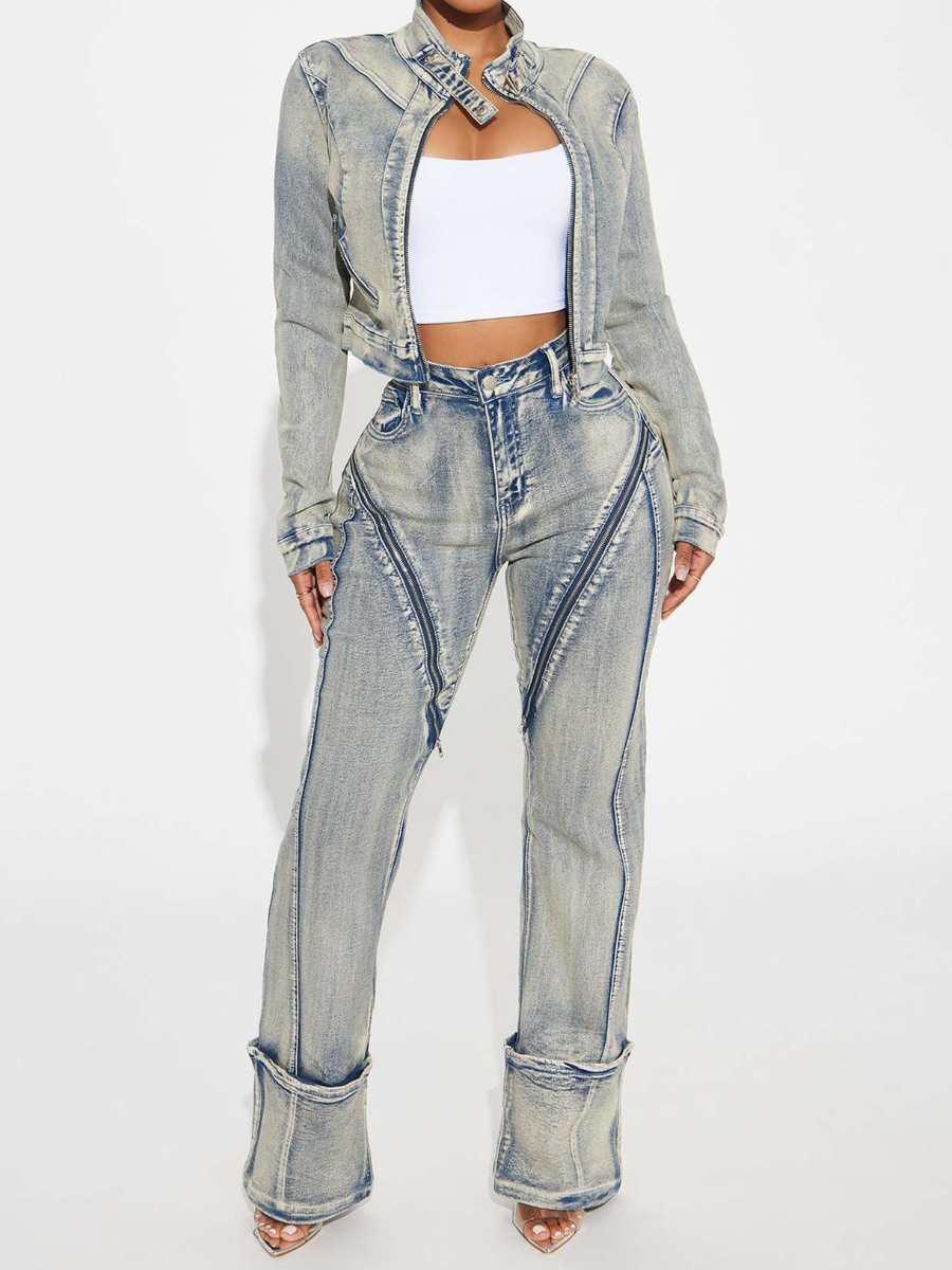 Elastic Washable Denim Suit With Zip