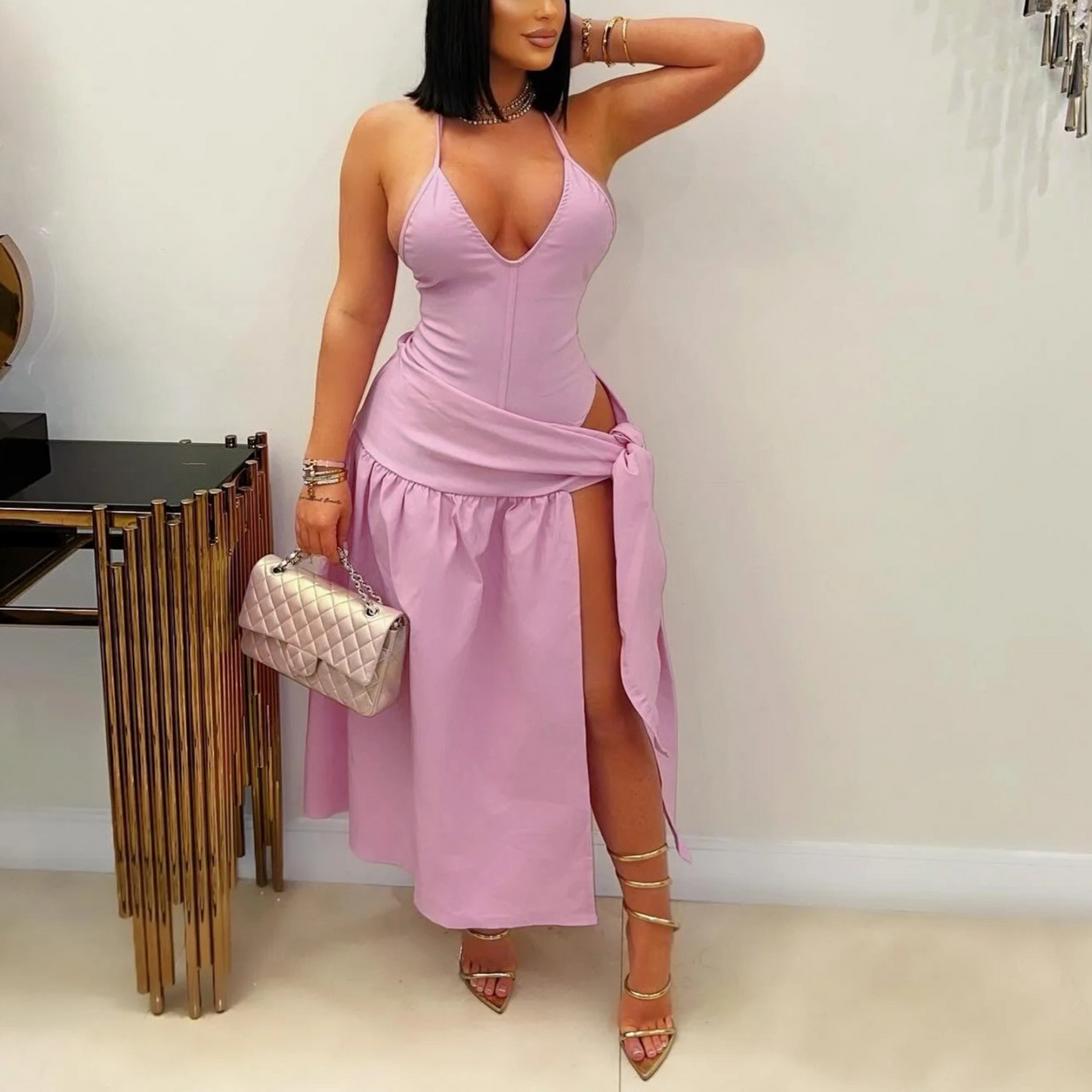 Solid color sexy slit skirt suit