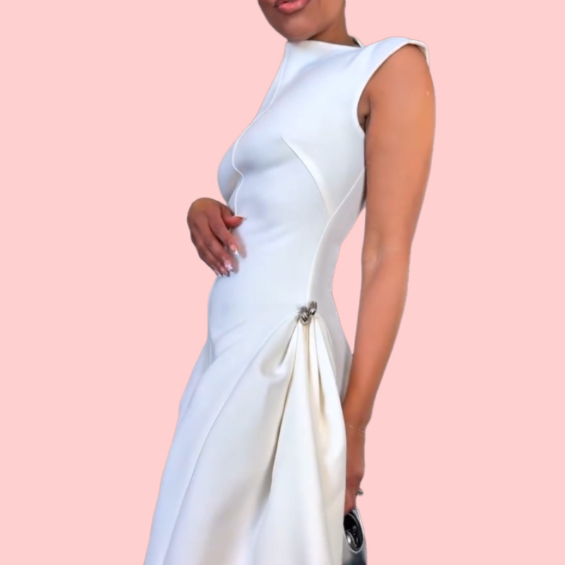 White Round Neck Sleeveless Irregular Hem Midi Dress