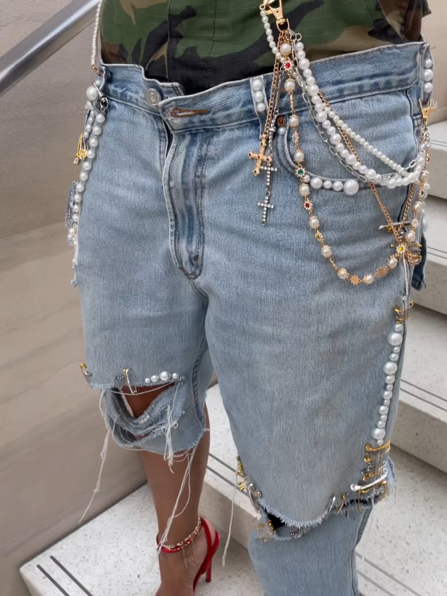 Camouflage two-piece cropped jeans