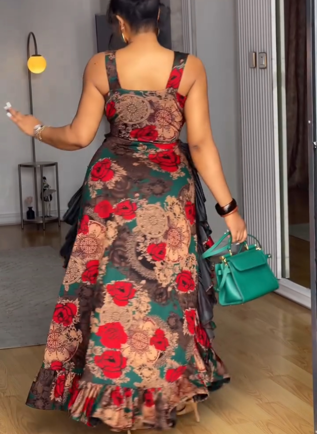 V-neck printed sleeveless ruffle dress