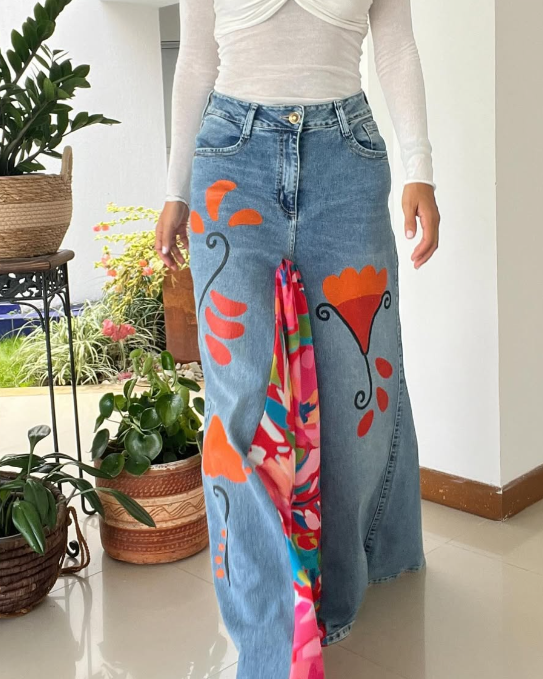 Printed denim skirt
