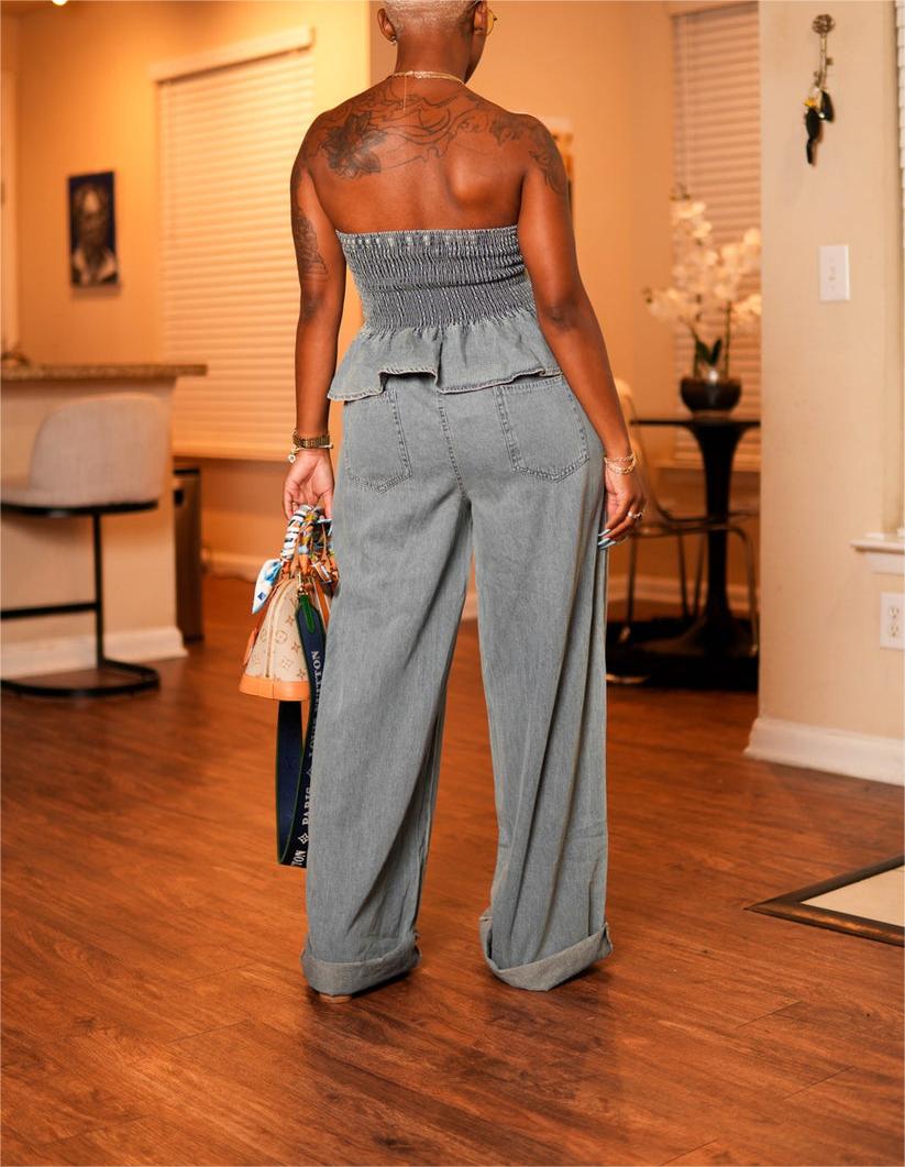 Bustier Washed Lace Top Wide Leg Pants Set