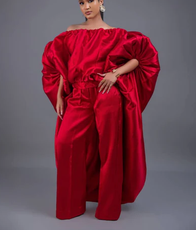2-piece red cape high low and wide leg pant set