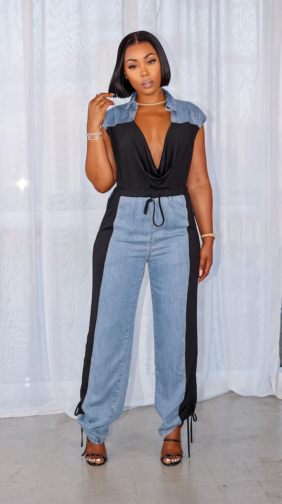 Denim patchwork jumpsuit