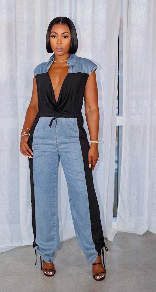 Denim patchwork jumpsuit