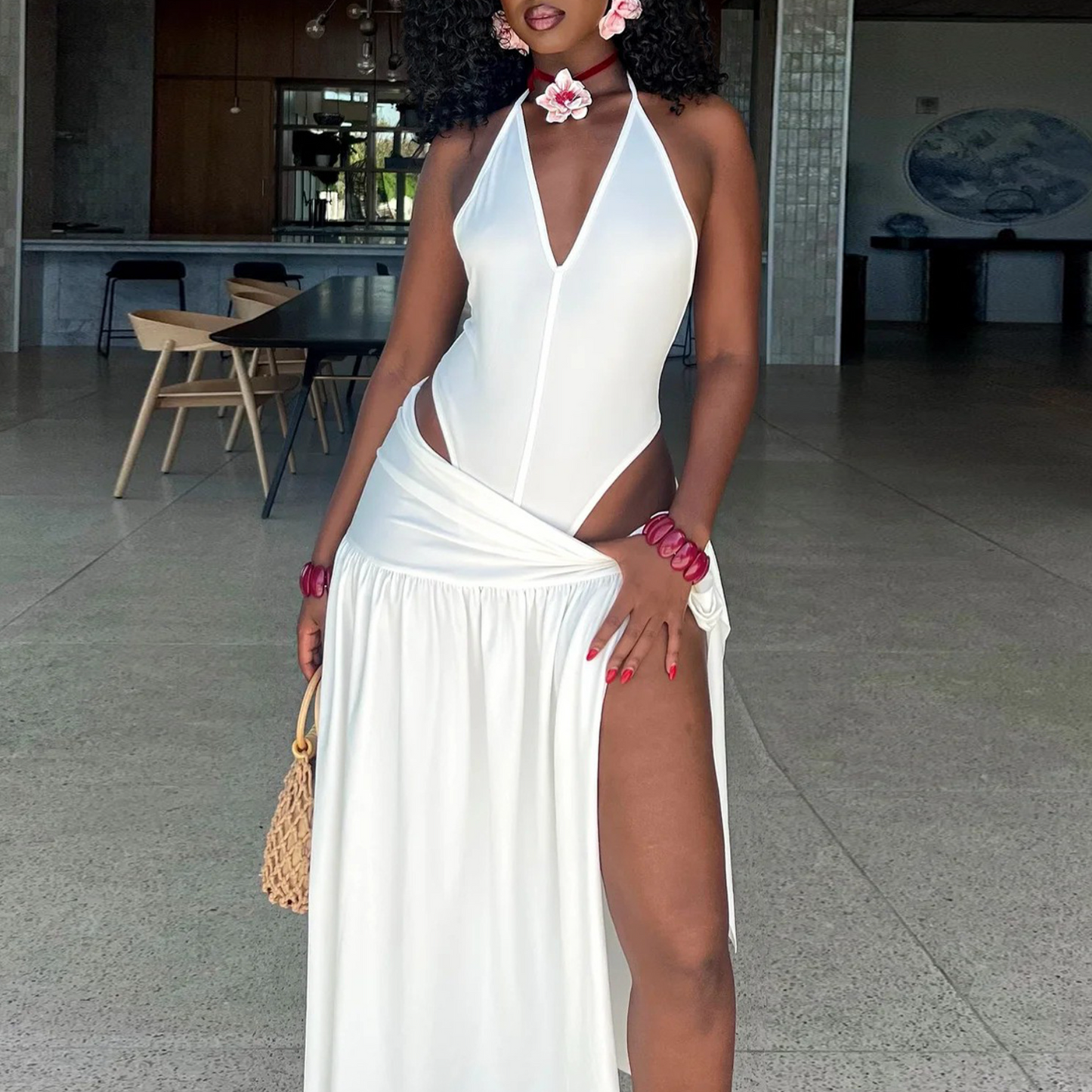 Solid color sexy slit skirt suit