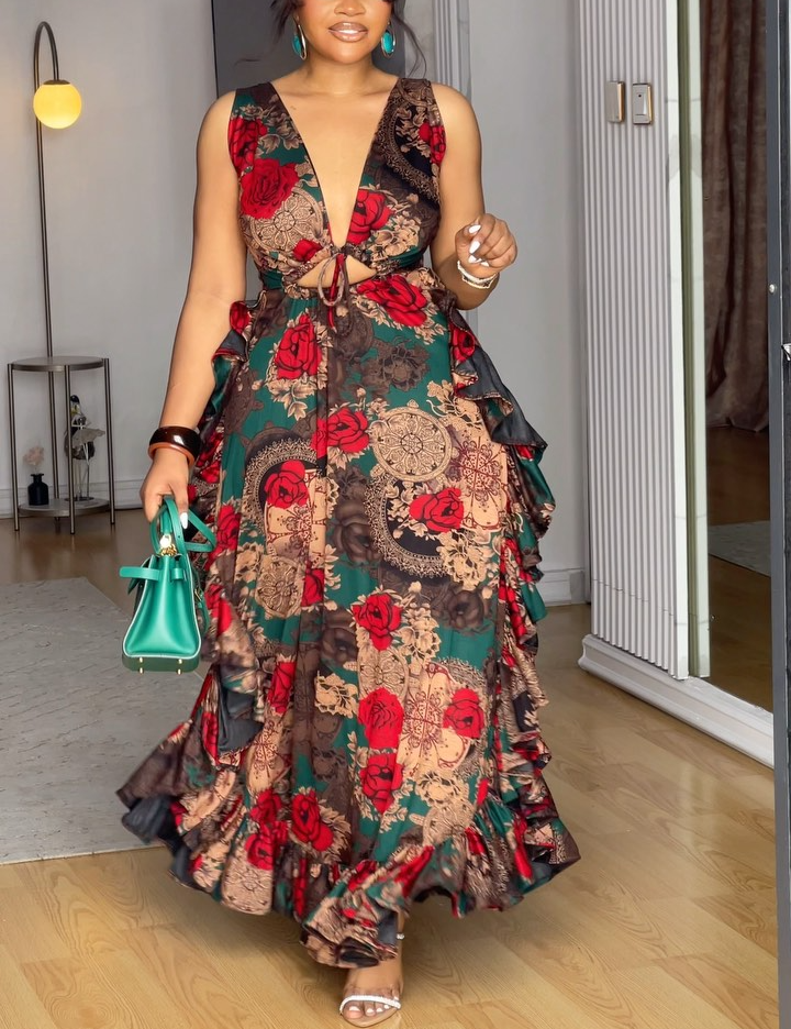 V-neck printed sleeveless ruffle dress