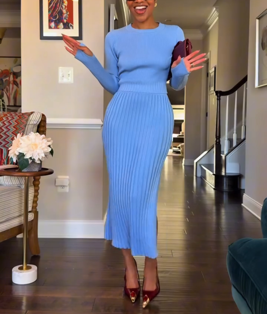 Long sleeve knitted skirt suit