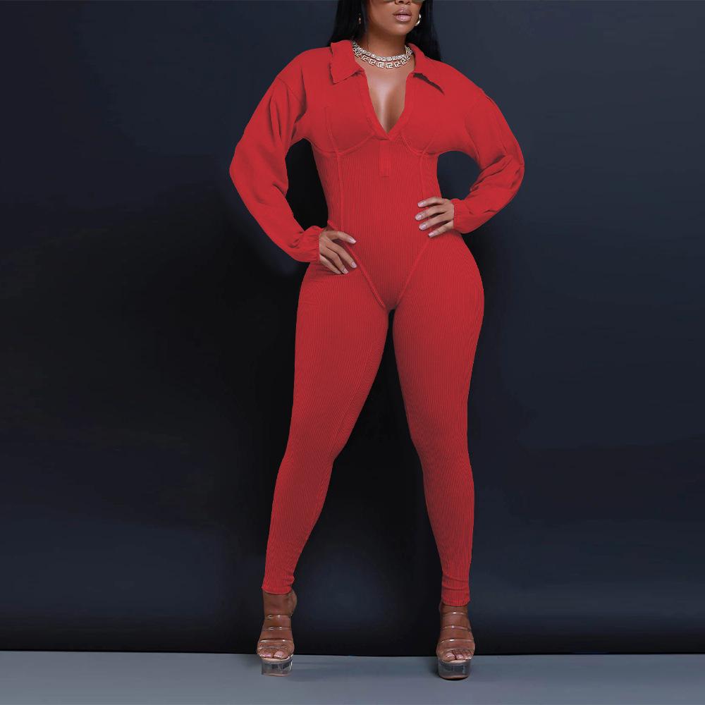 V-neck tight patchwork jumpsuit