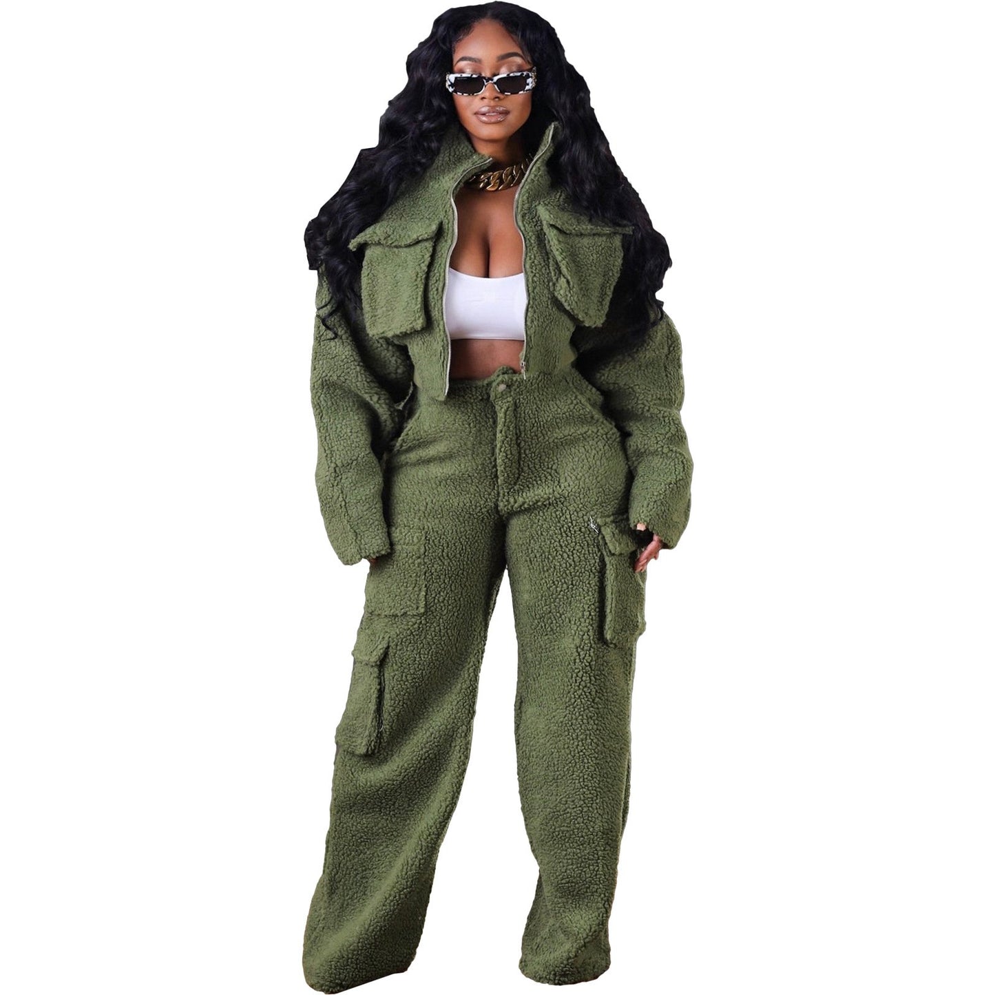 Autumn and winter wool polar fleece three-dimensional bag zipper suit