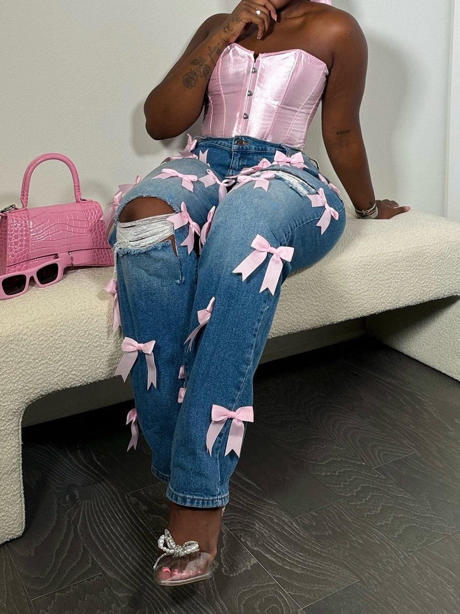 Vintage Bow Casual Ripped Drawstring Waist Jeans