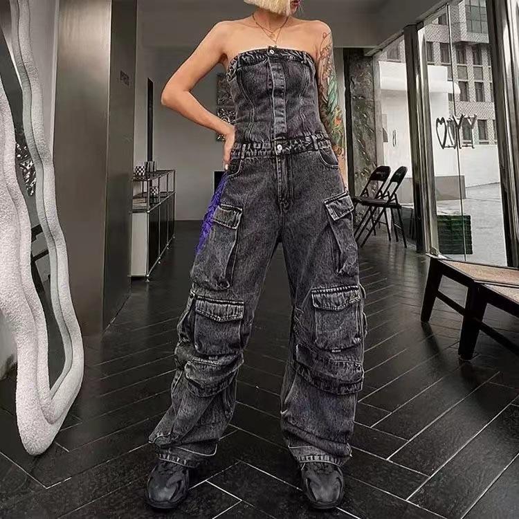 Strapless multi-pocket denim jumpsuit