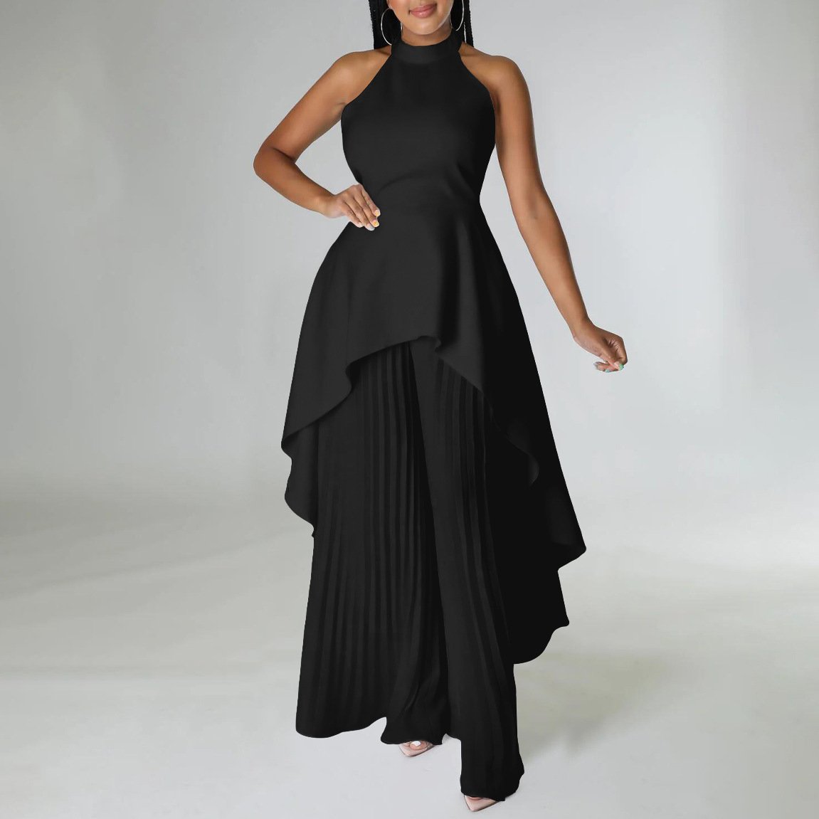 Backless Top and Pleated Wide Leg Pants Set