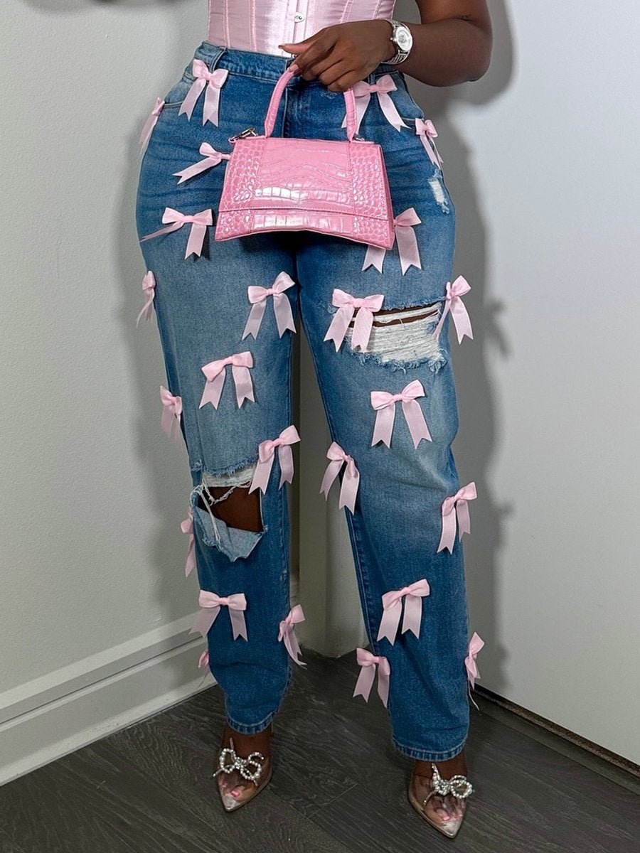 Vintage Bow Casual Ripped Drawstring Waist Jeans