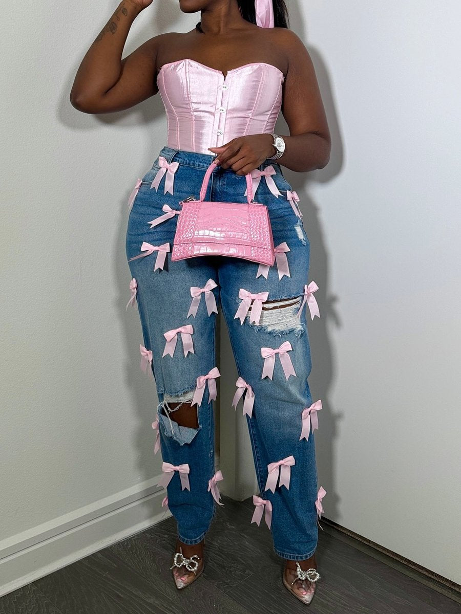 Vintage Bow Casual Ripped Drawstring Waist Jeans