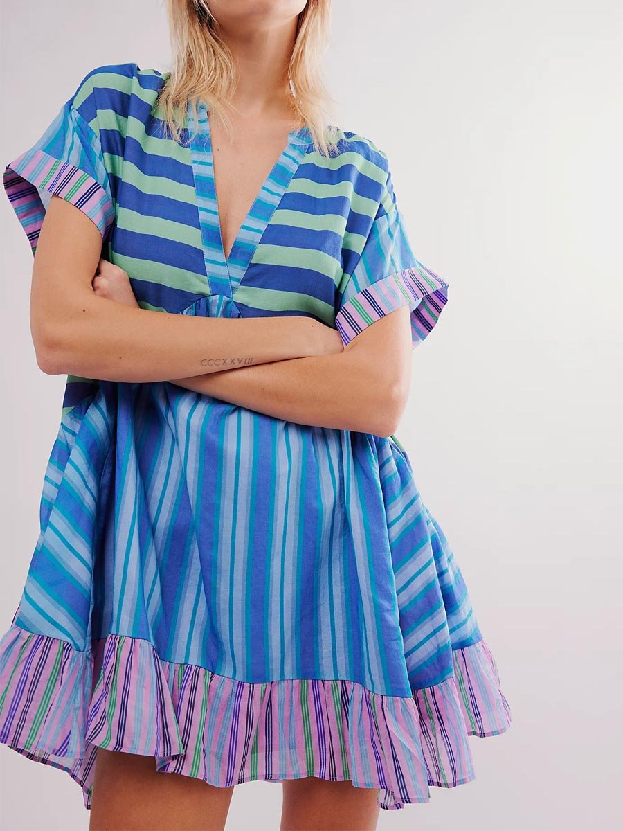 Bohemian Printed Short Sleeve Pocket V Neck Dress