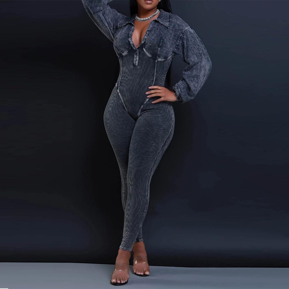 V-neck tight patchwork jumpsuit