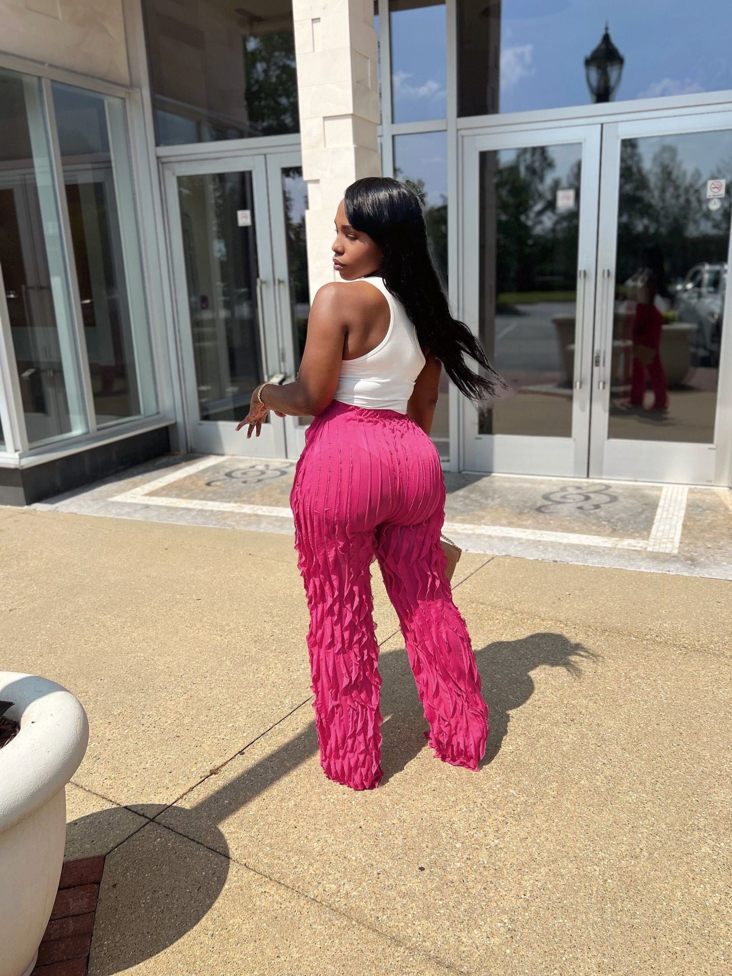 Wavy ruffled loose high waist wide leg pants