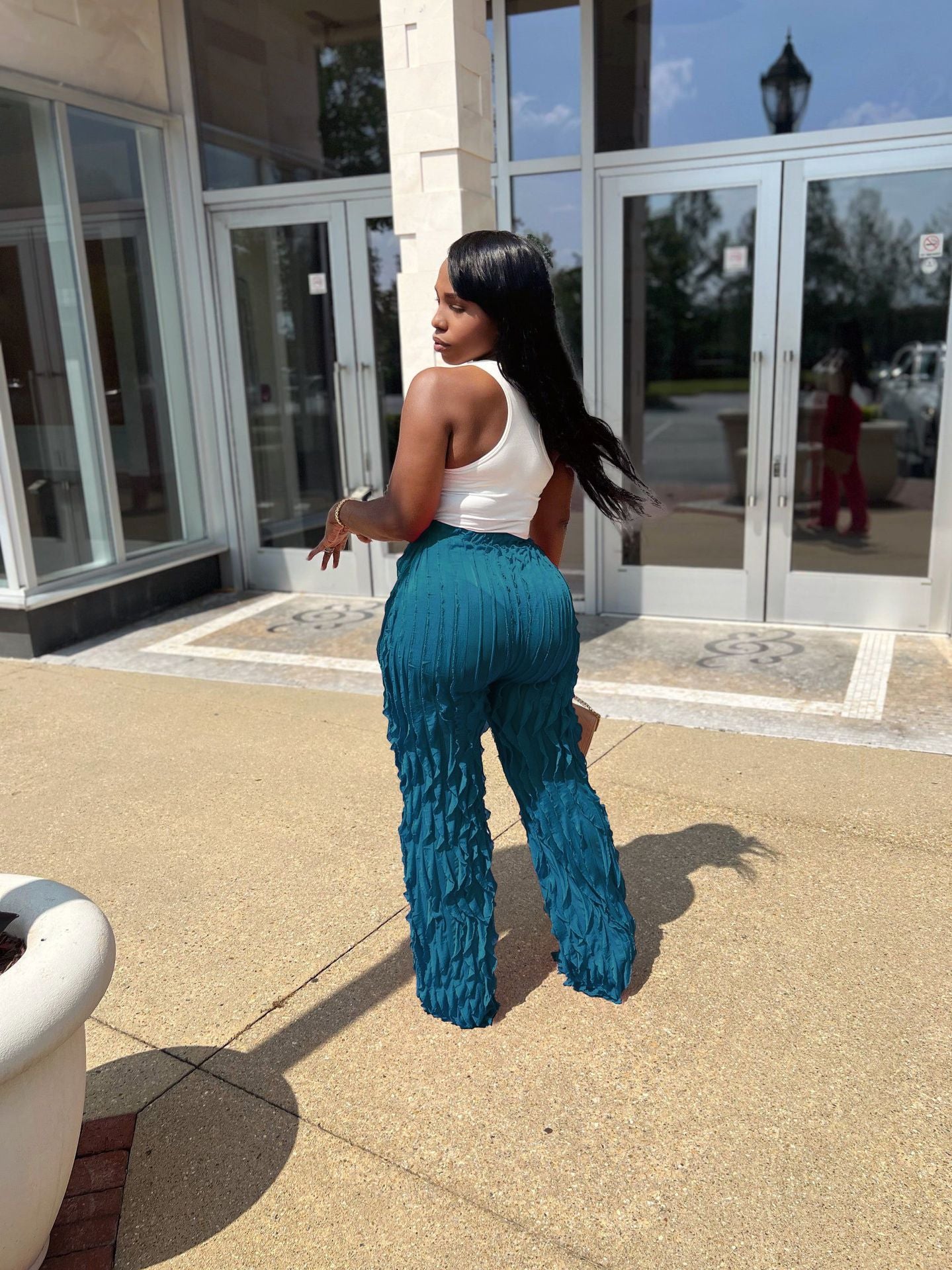 Wavy ruffled loose high waist wide leg pants
