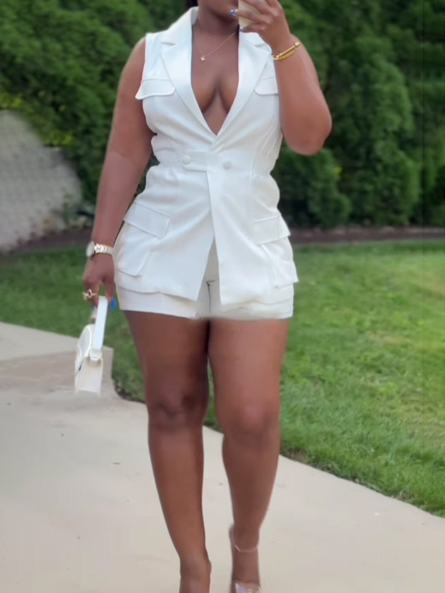 Sleeveless Pockets Deep V Neck Set