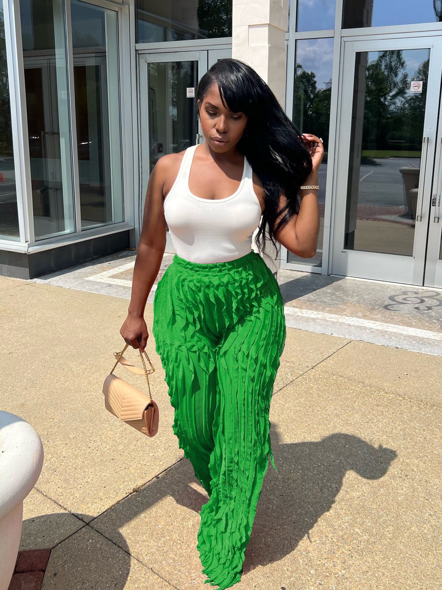 Wavy ruffled loose high waist wide leg pants