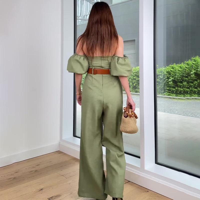 Off-the-shoulder puff sleeve high waist slim-fit jumpsuit
