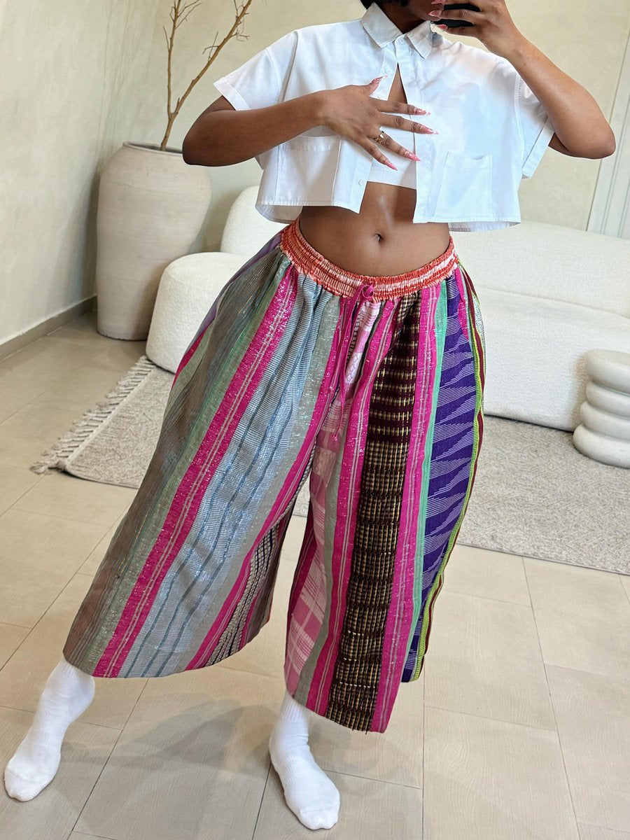 Drawstring Waist Printed Patchwork Pants