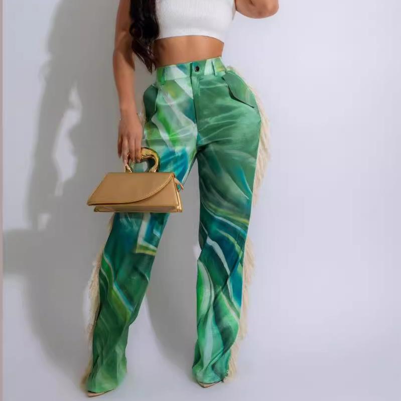 Printed tassel straight-leg casual pants