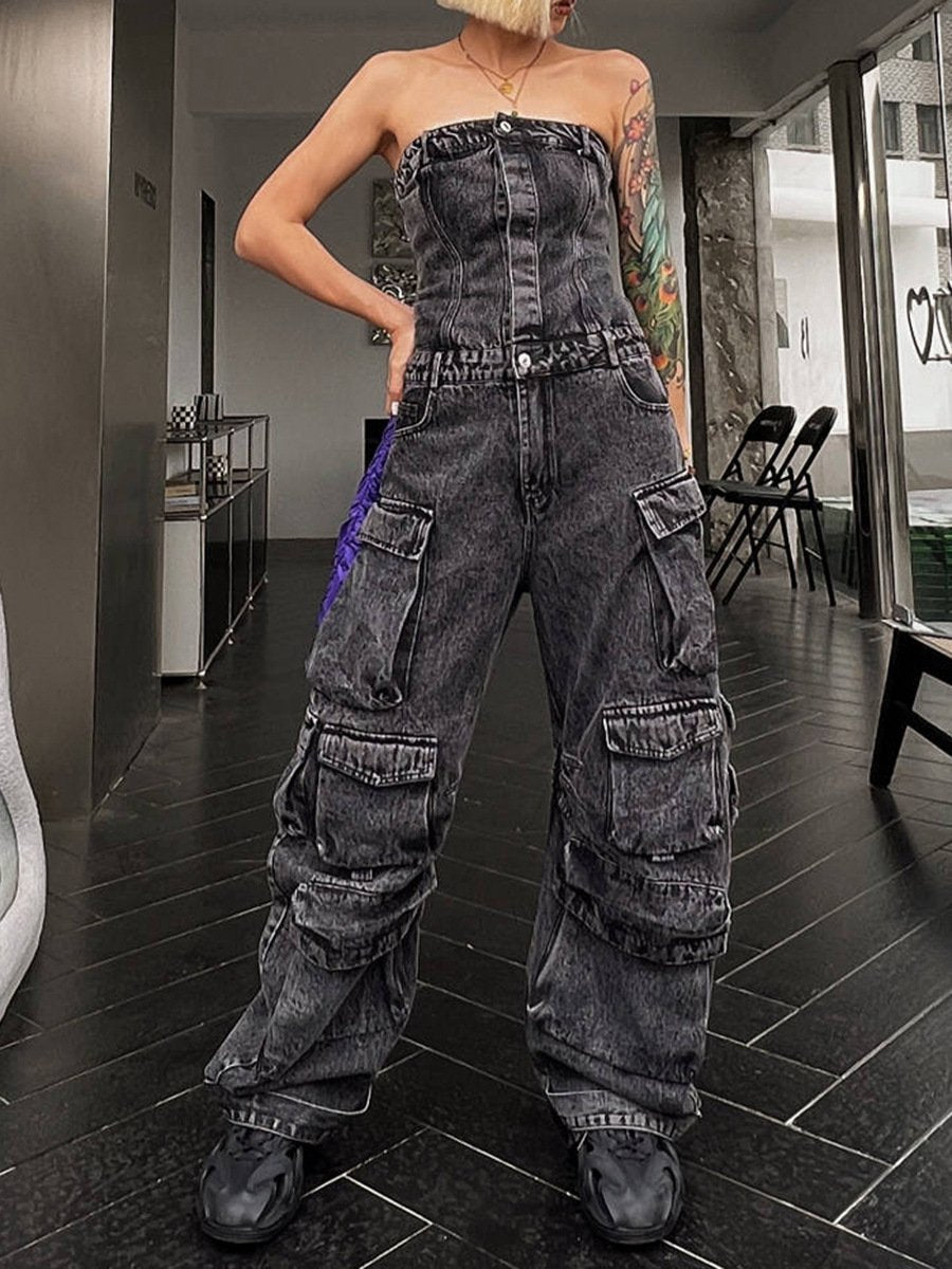 Strapless multi-pocket denim jumpsuit