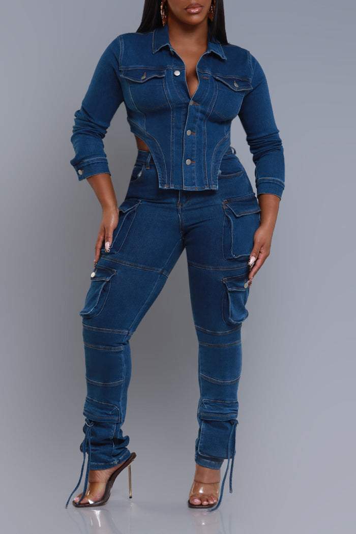 Denim Long Sleeve Shirt & Multi-Pocket Jeans Set
