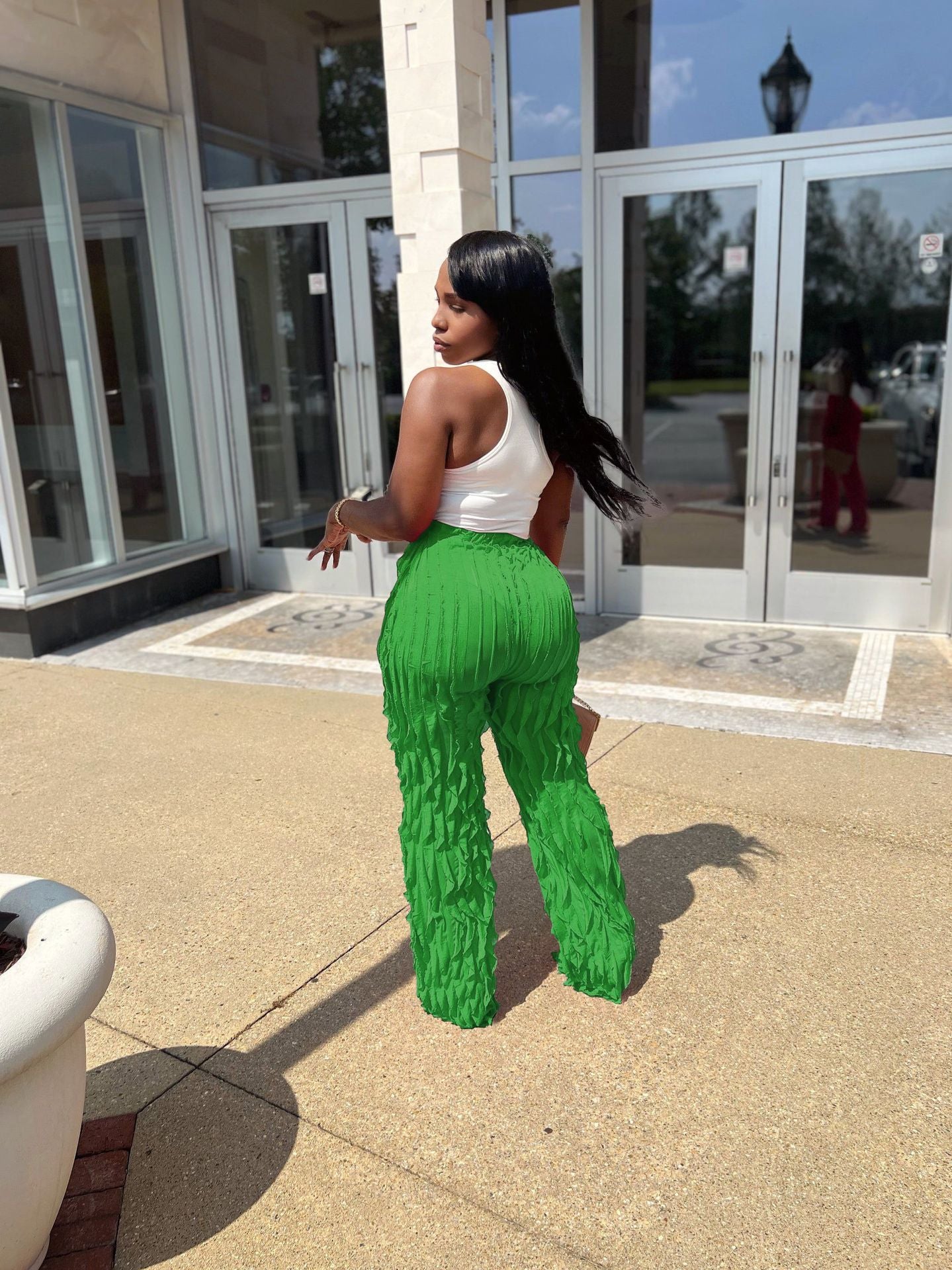 Wavy ruffled loose high waist wide leg pants
