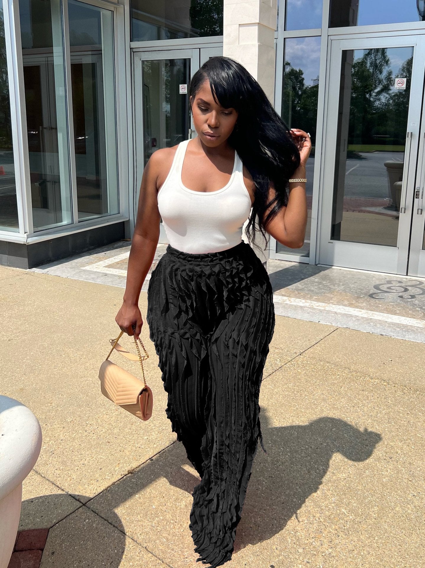 Wavy ruffled loose high waist wide leg pants