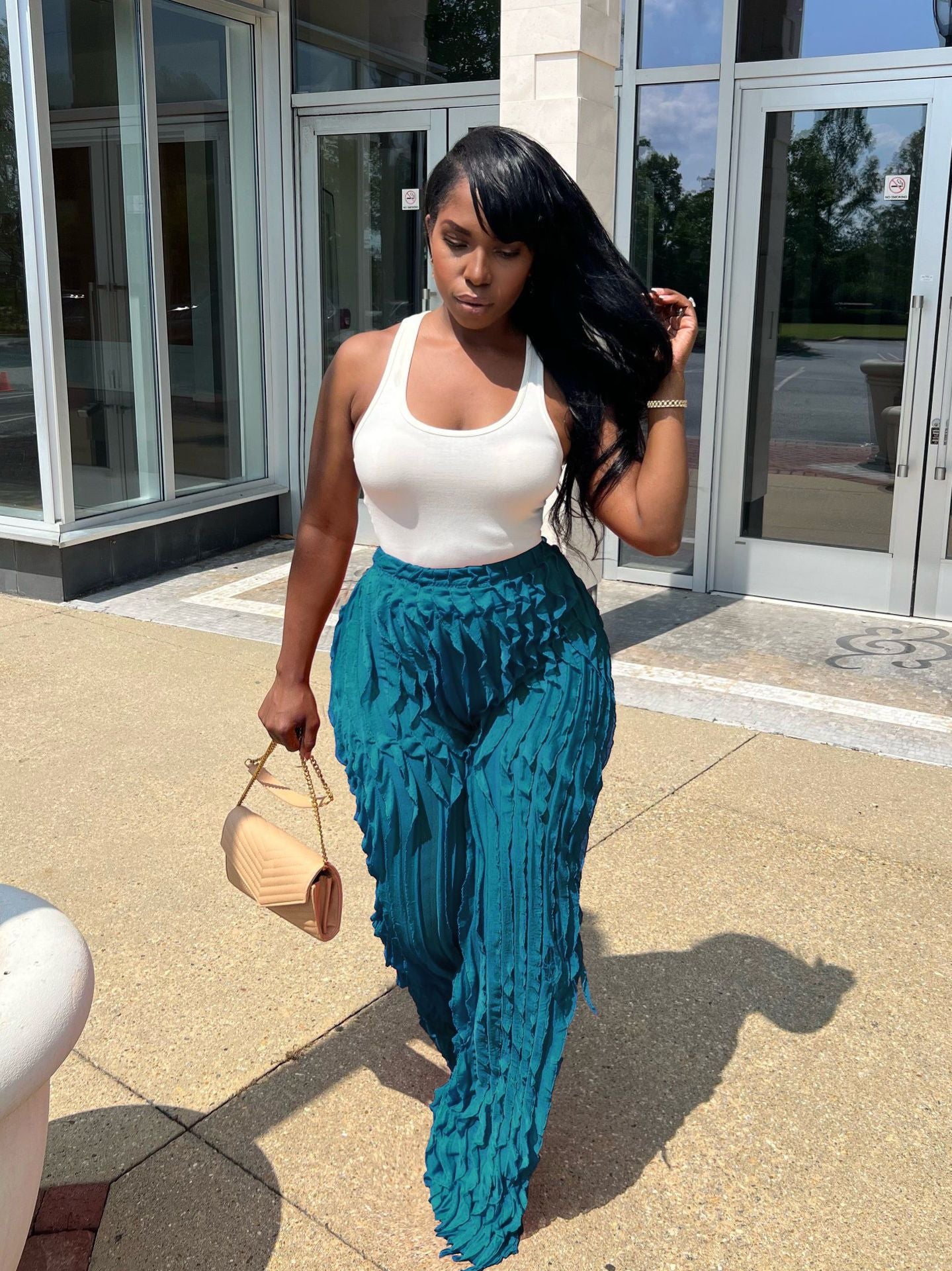 Wavy ruffled loose high waist wide leg pants