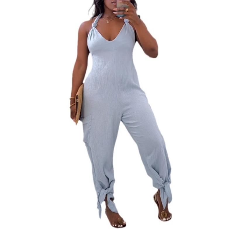 Summer new V-neck halterneck wide-leg jumpsuit