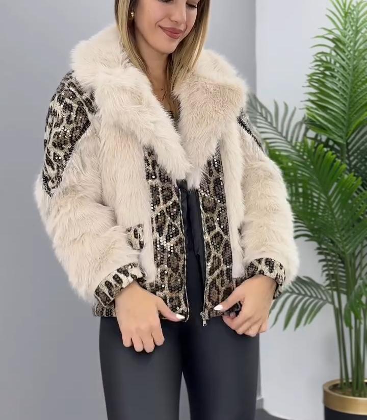 White Leopard Print Fur Coat