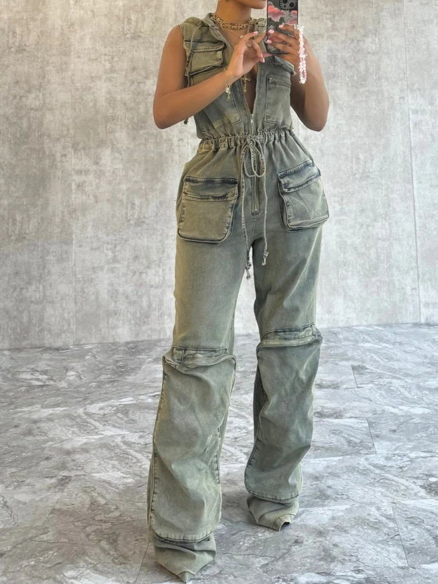 Hooded Tooling Stretch Denim Jumpsuit