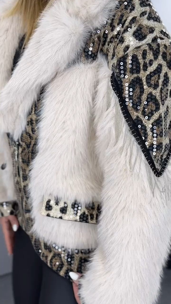 White Leopard Print Fur Coat