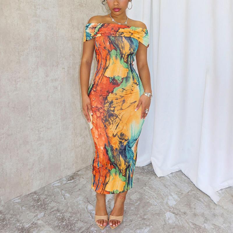 Printed one-shoulder fashion dress